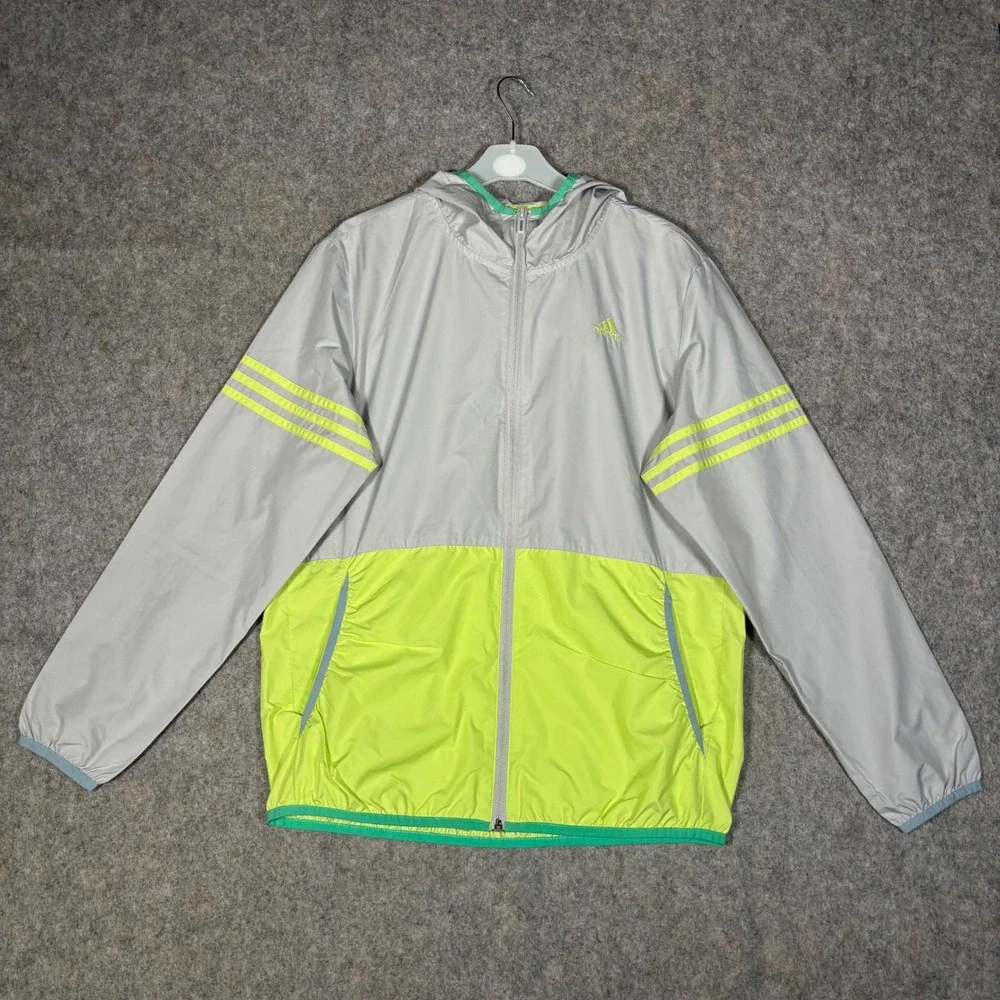 Adidas Windbreaker Jacket Mens S Grey Neon Yellow ClimaStorm Hooded CX4266